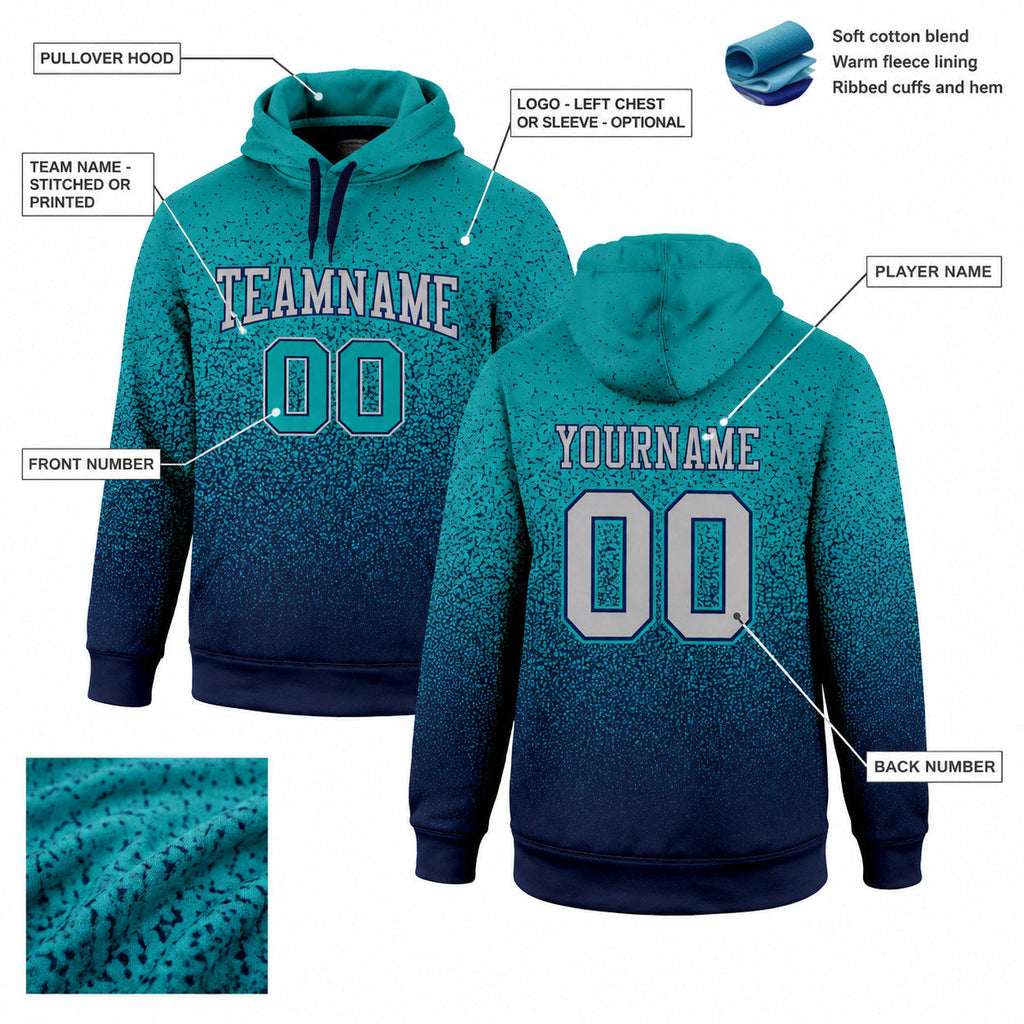 Custom Aqua Fade Pullover Hoodie with Gray and Navy Lettering customization guide