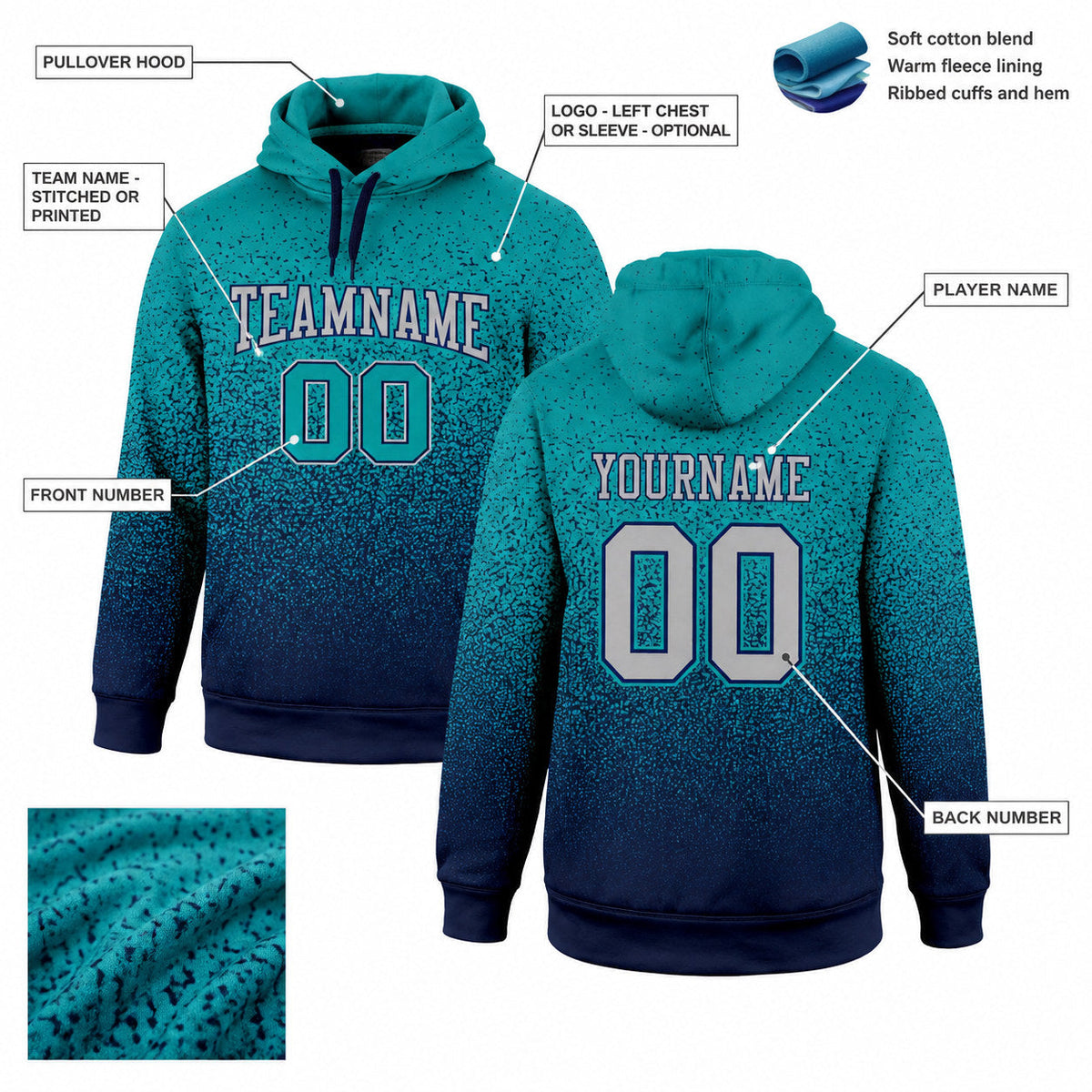 Custom Aqua Fade Pullover Hoodie with Gray and Navy Lettering customization guide