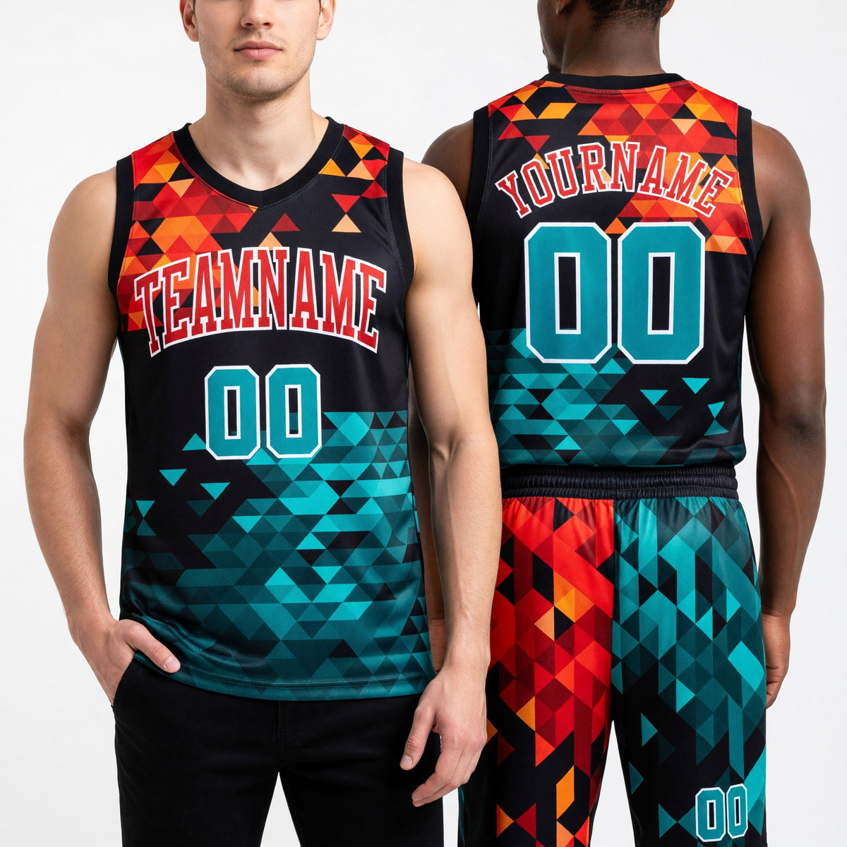 Custom Figure Aqua-Red Round Neck Sublimation Basketball Uniform Jersey worn front and back