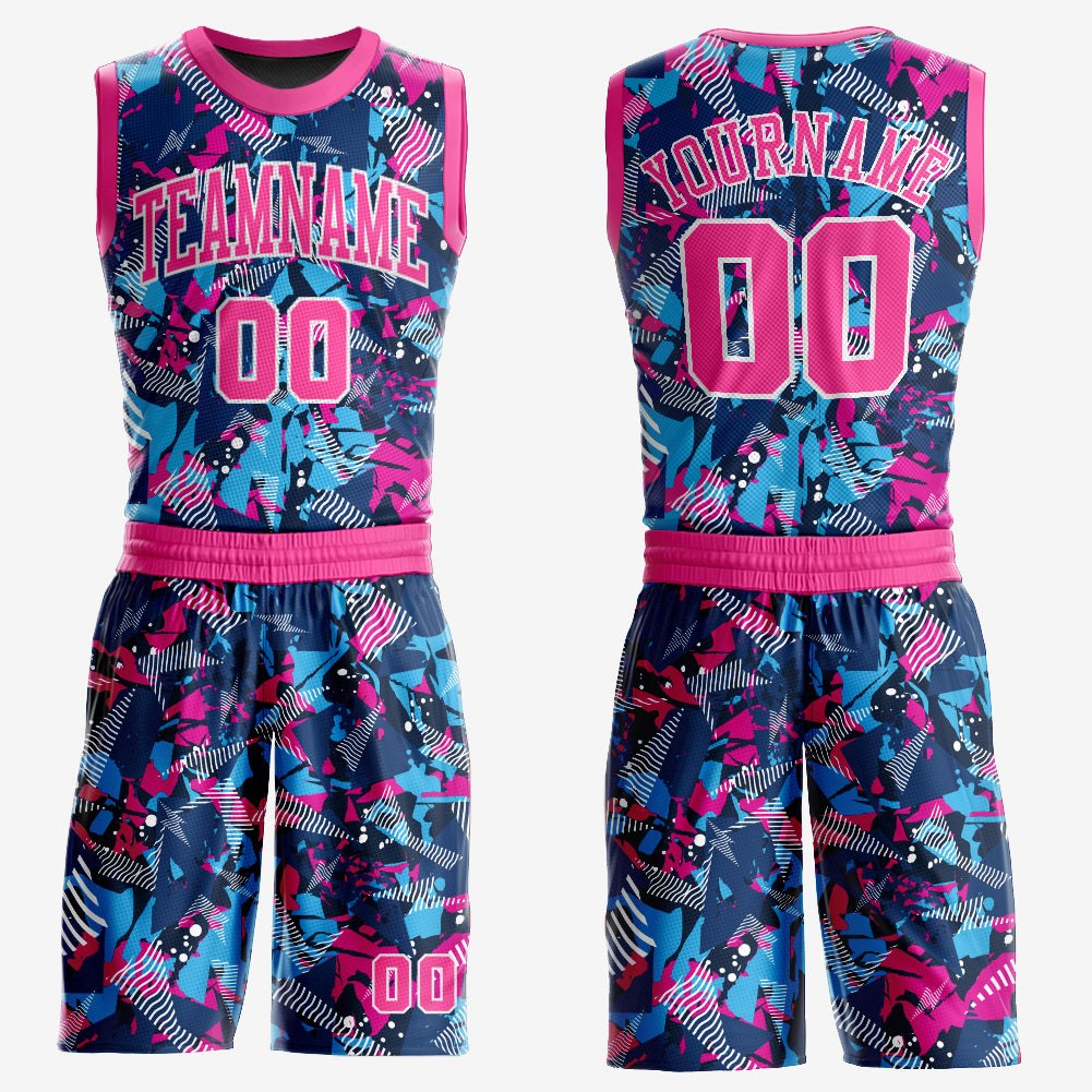 Custom Figure Pink-Light Blue Round Neck Sublimation Basketball Uniform Jersey