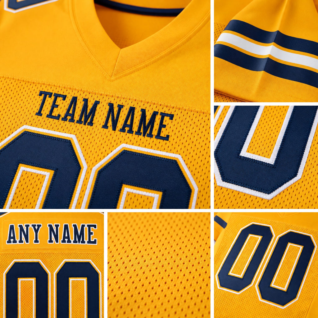 Custom Gold Navy-White Mesh Authentic Football Jersey detail