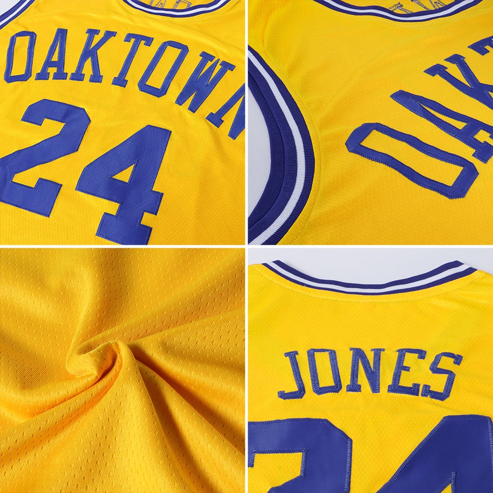 Custom Gold Royal-White Round Neck Rib-Knit Basketball Jersey photo 4