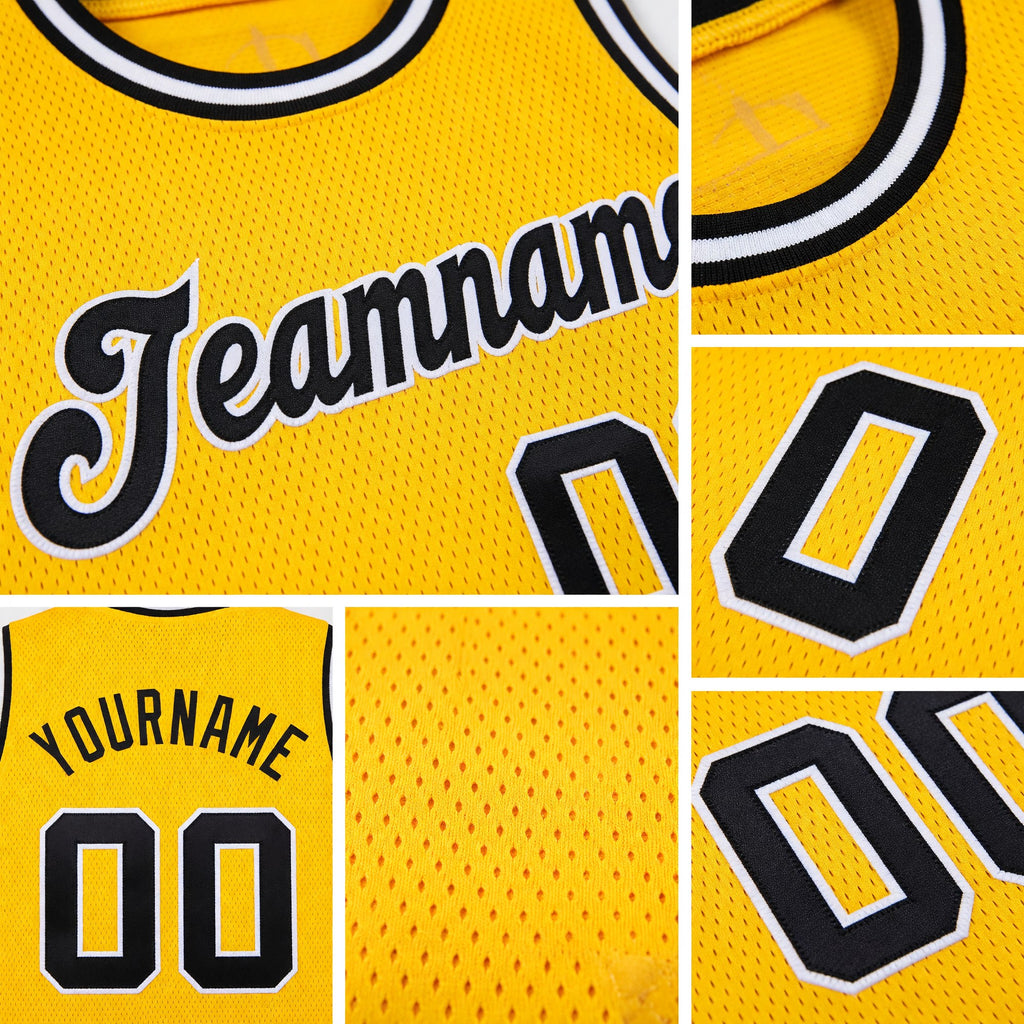 Custom Gold Black-White Round Neck Rib-Knit Basketball Jersey detail