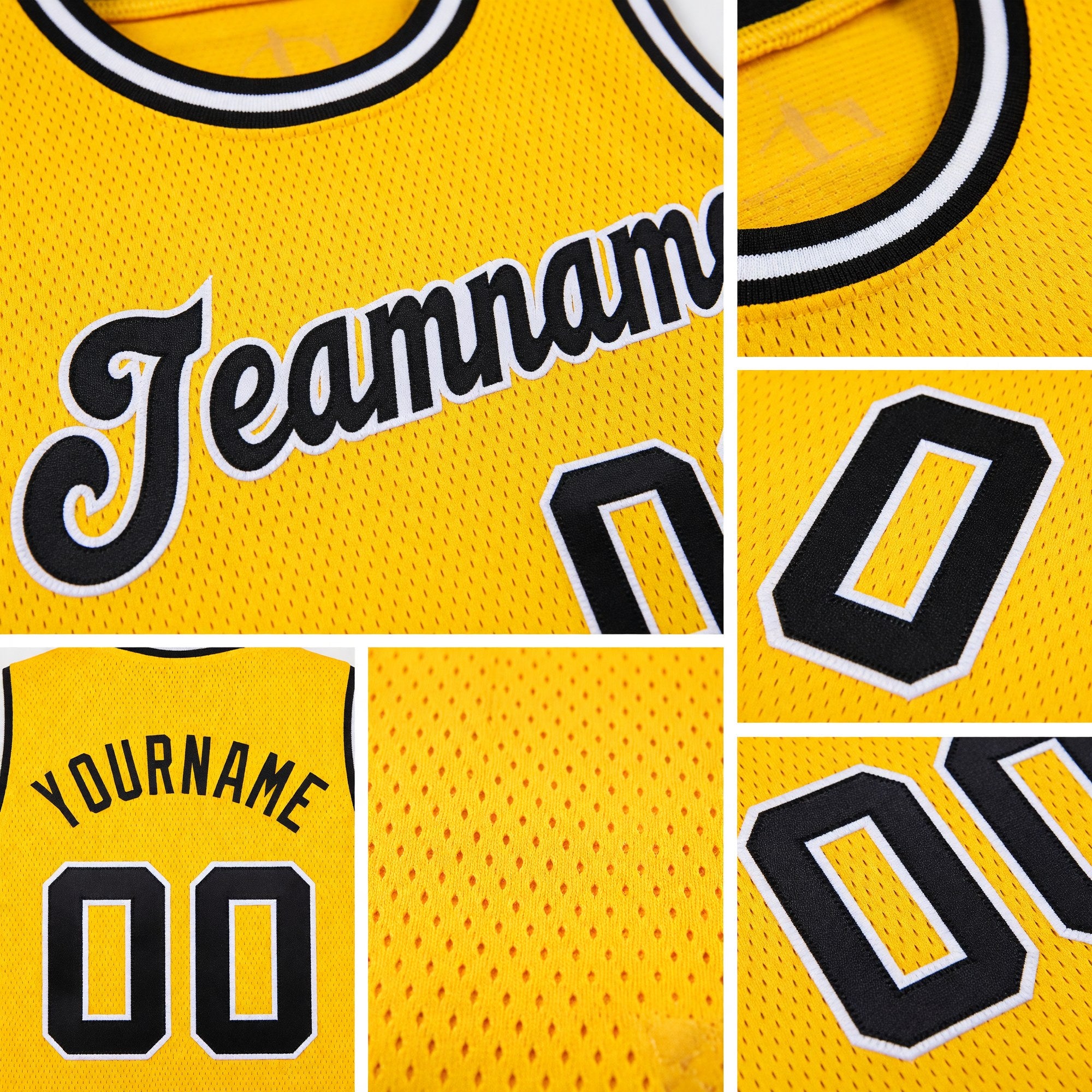 Custom Gold Black-White Round Neck Rib-Knit Basketball Jersey detail