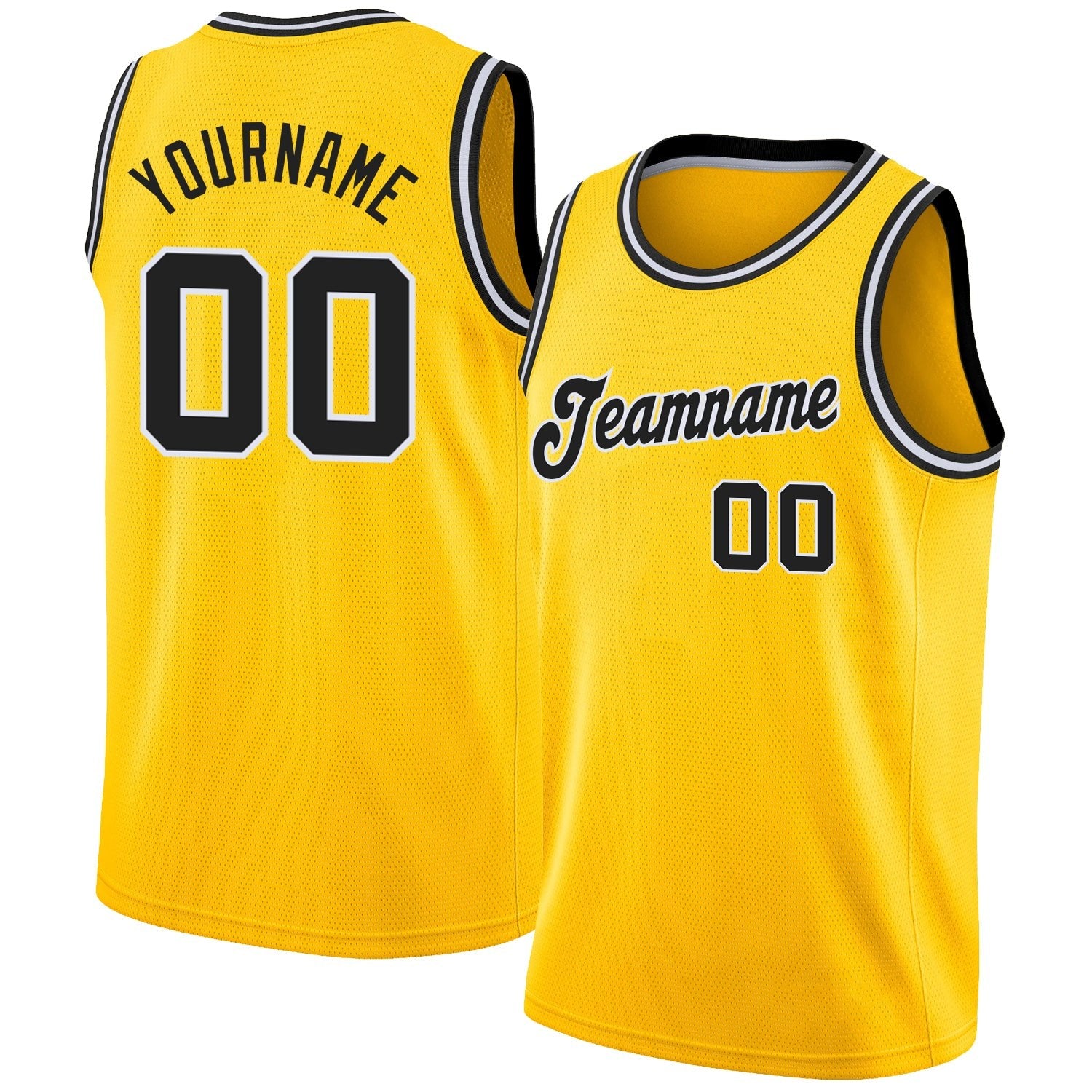 Custom Gold Black-White Round Neck Rib-Knit Basketball Jersey photo 1