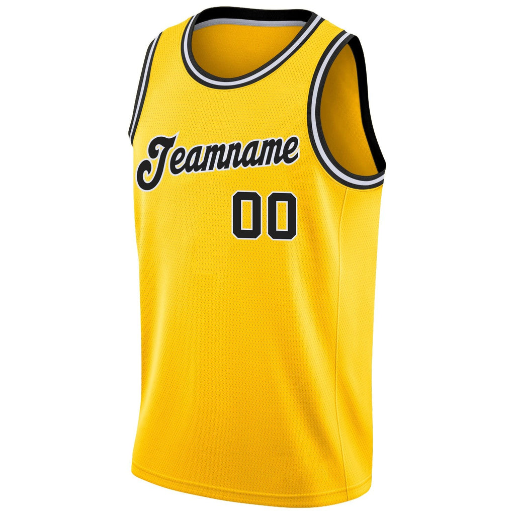 Custom Gold Black-White Round Neck Rib-Knit Basketball Jersey photo 4