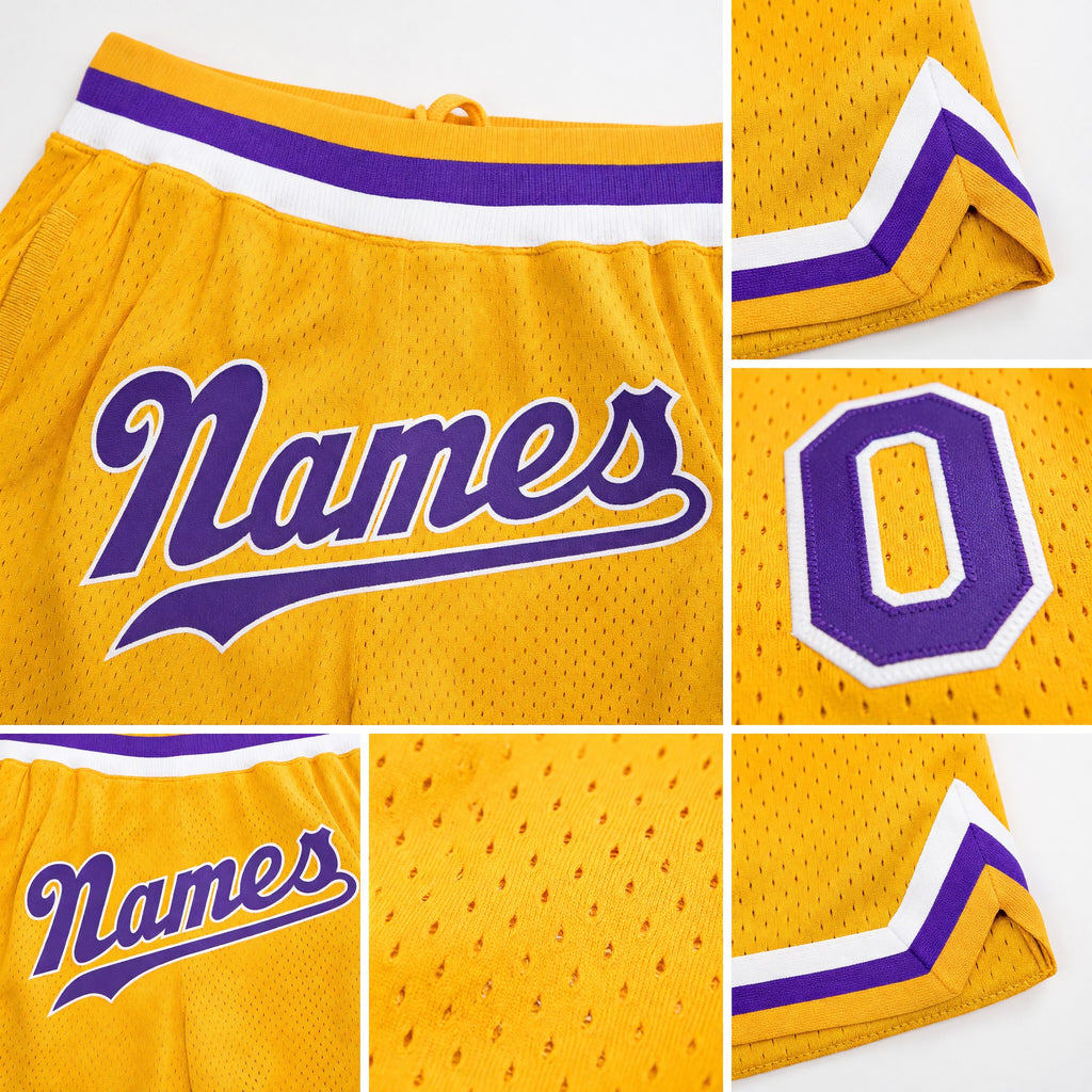 Custom Gold Purple-White Authentic Throwback Basketball Shorts detail
