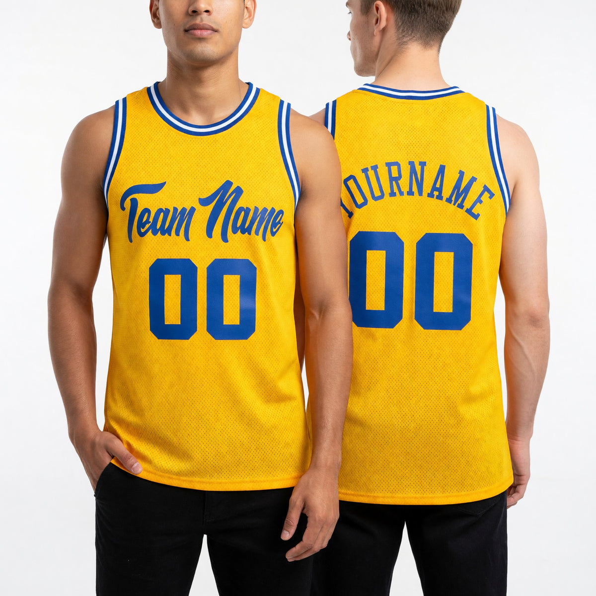 Custom Gold Royal-White Authentic Throwback Basketball Jersey worn front and back
