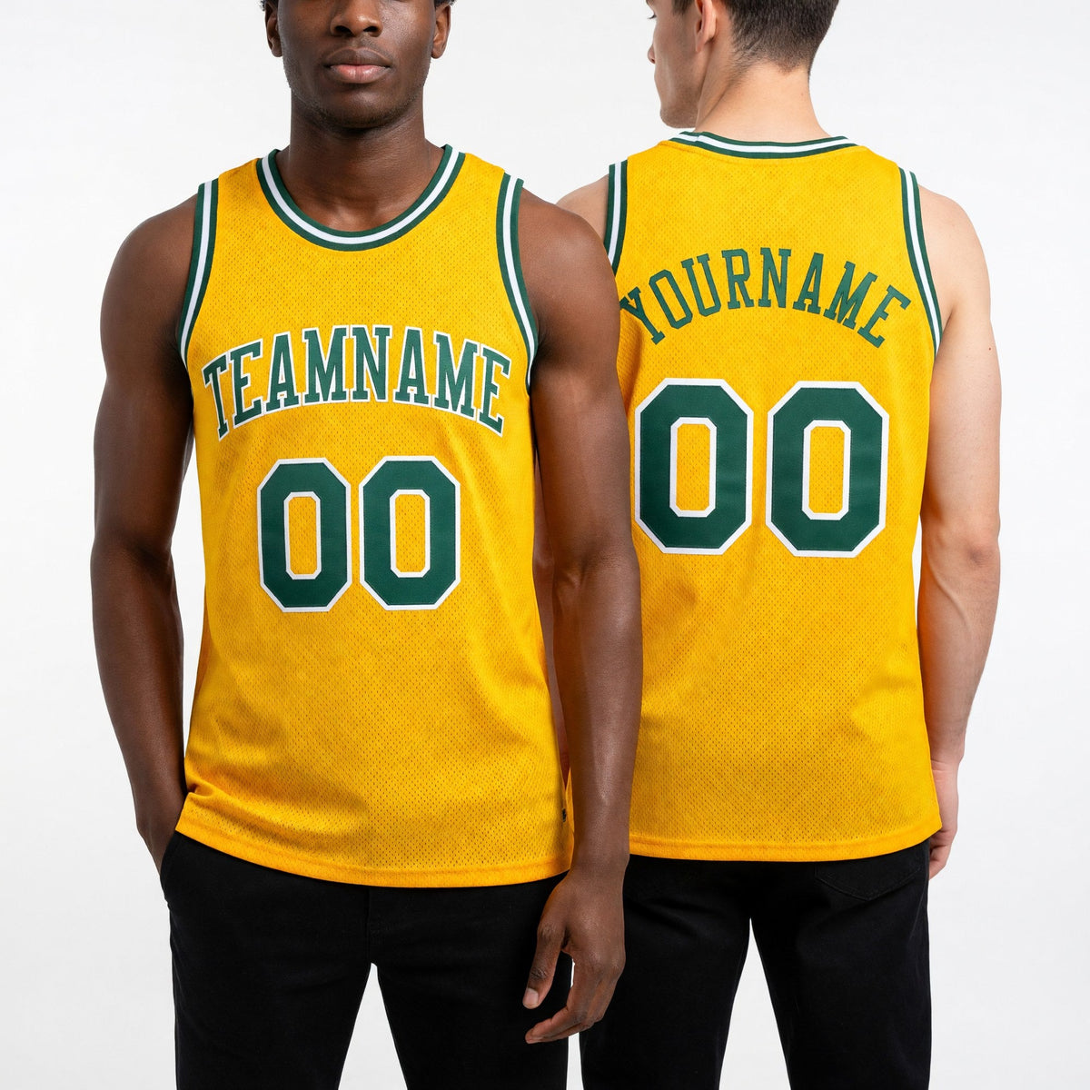 Custom Gold Kelly Green-White Authentic Throwback Basketball Jersey worn front and back