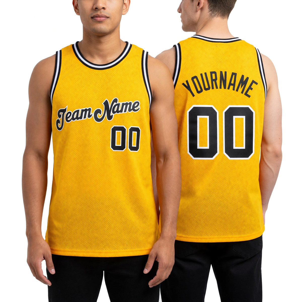 Custom Gold Black-White Authentic Throwback Basketball Jersey worn front and back