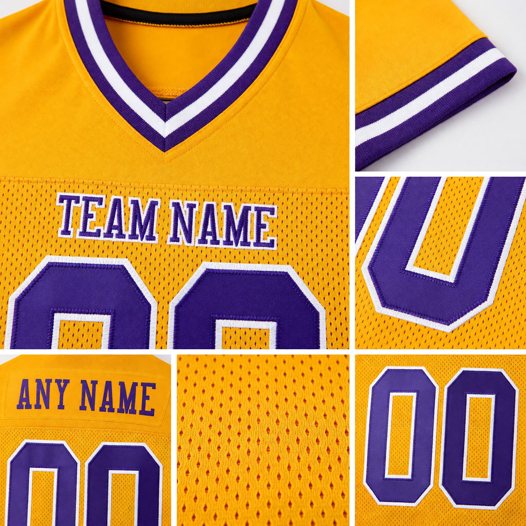 Custom Gold Purple-White Mesh Authentic Throwback Football Jersey detail