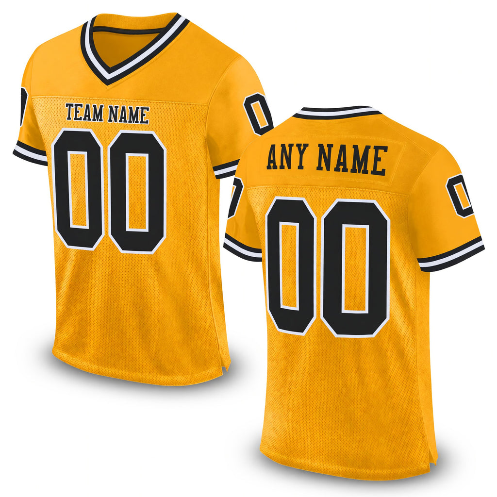 Custom Gold Black-White Mesh Authentic Throwback Football Jersey