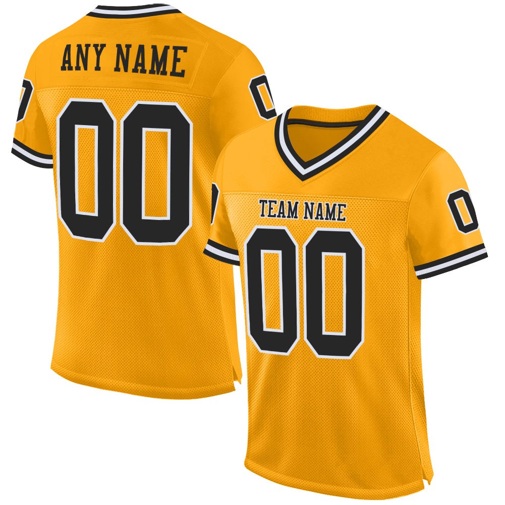 Custom Gold Black-White Mesh Authentic Throwback Football Jersey photo 1