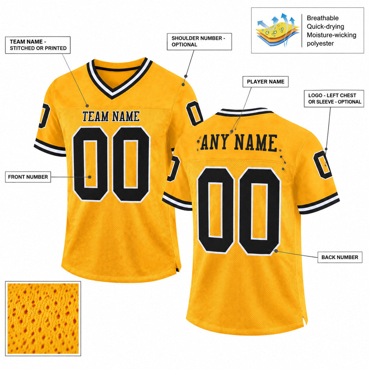 Custom Gold Mesh Authentic Football Jersey with Black and White Lettering Design 0116 customization guide