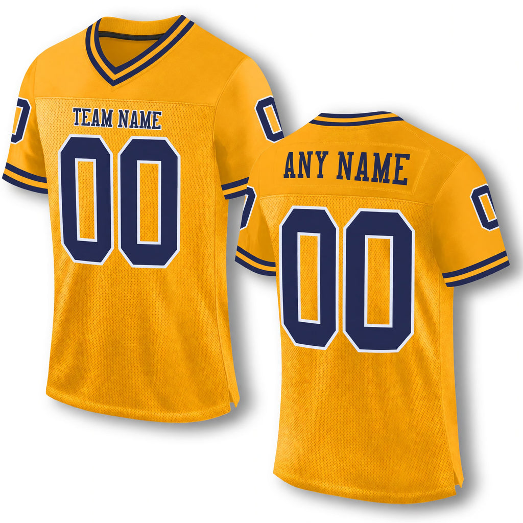Custom Gold Navy-White Mesh Authentic Throwback Football Jersey