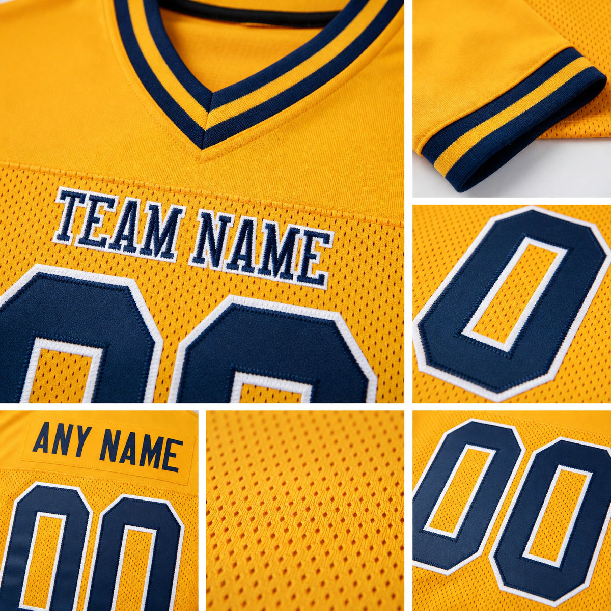 Custom Gold Navy-White Mesh Authentic Throwback Football Jersey detail