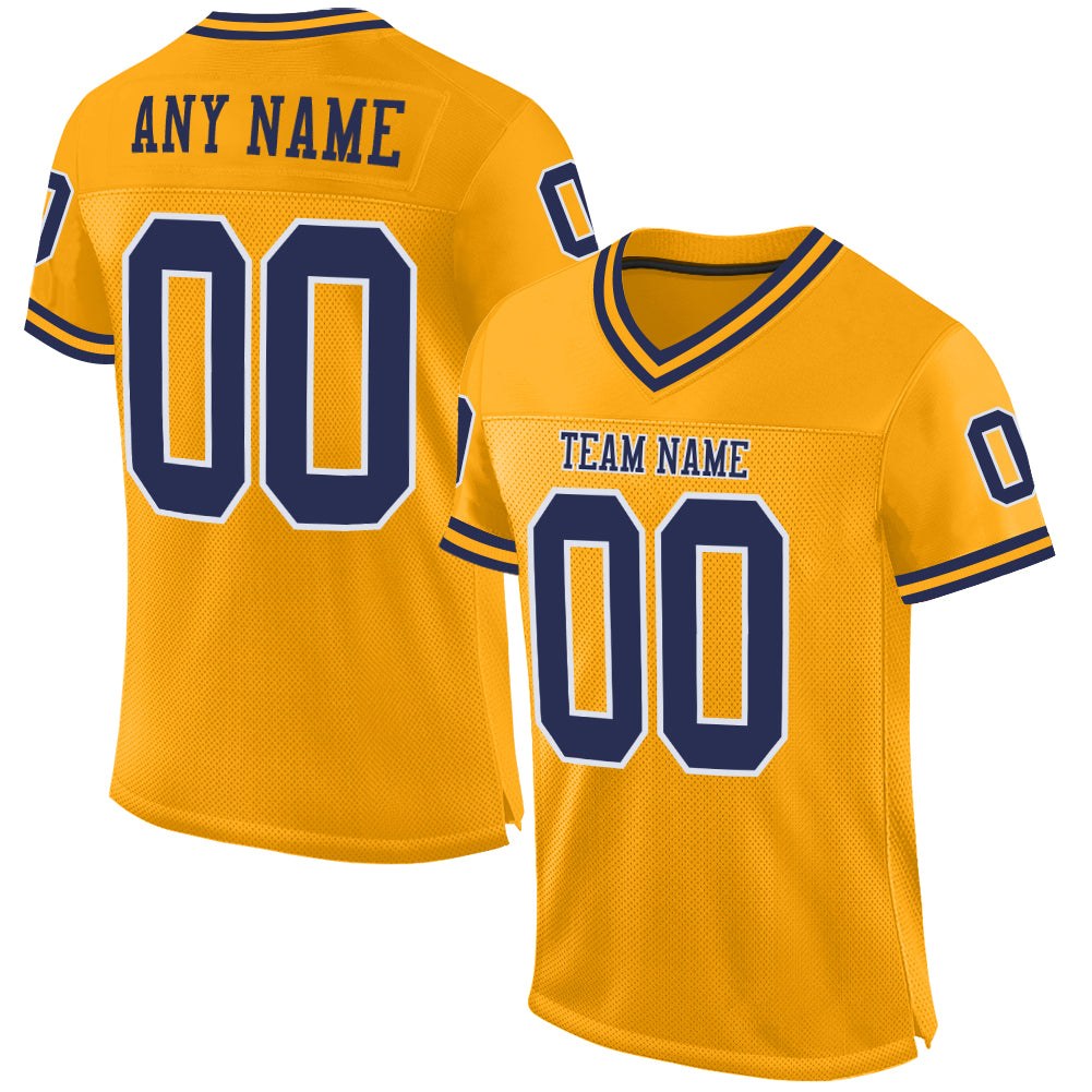 Custom Gold Navy-White Mesh Authentic Throwback Football Jersey photo 1