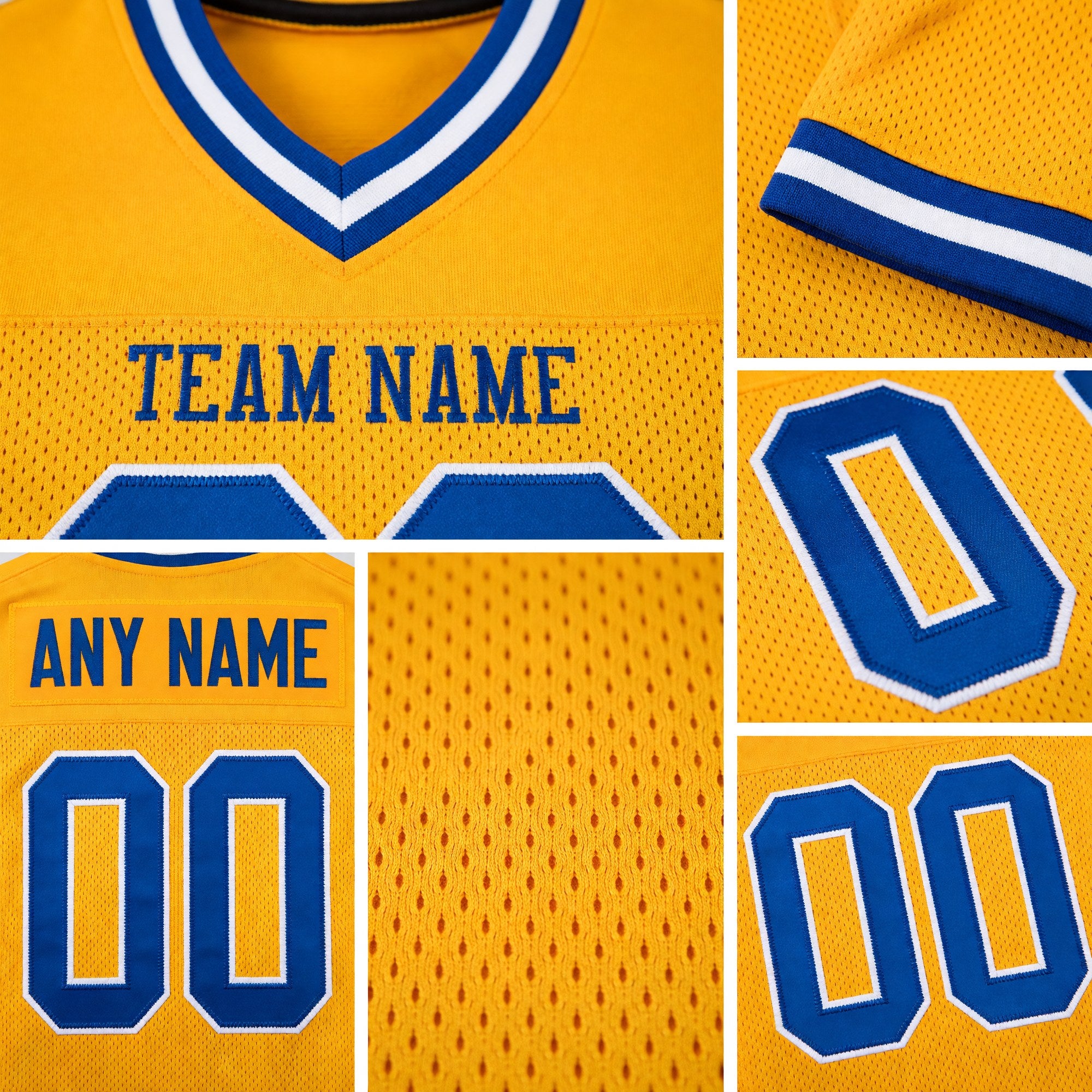 Custom Gold Royal-White Mesh Authentic Throwback Football Jersey detail