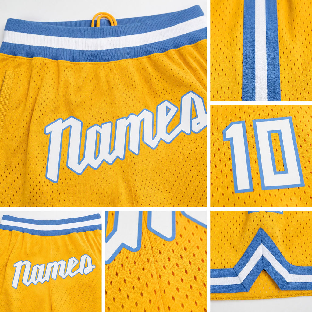 Custom Gold White-Light Blue Authentic Throwback Basketball Shorts detail