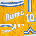 Custom Gold White-Light Blue Authentic Throwback Basketball Shorts detail