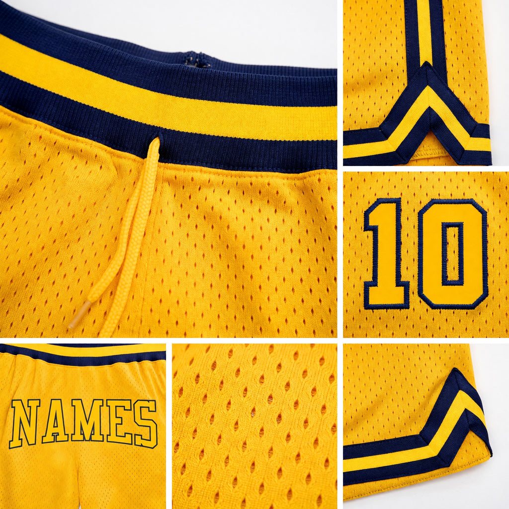 Custom Gold Gold-Navy Authentic Throwback Basketball Shorts detail
