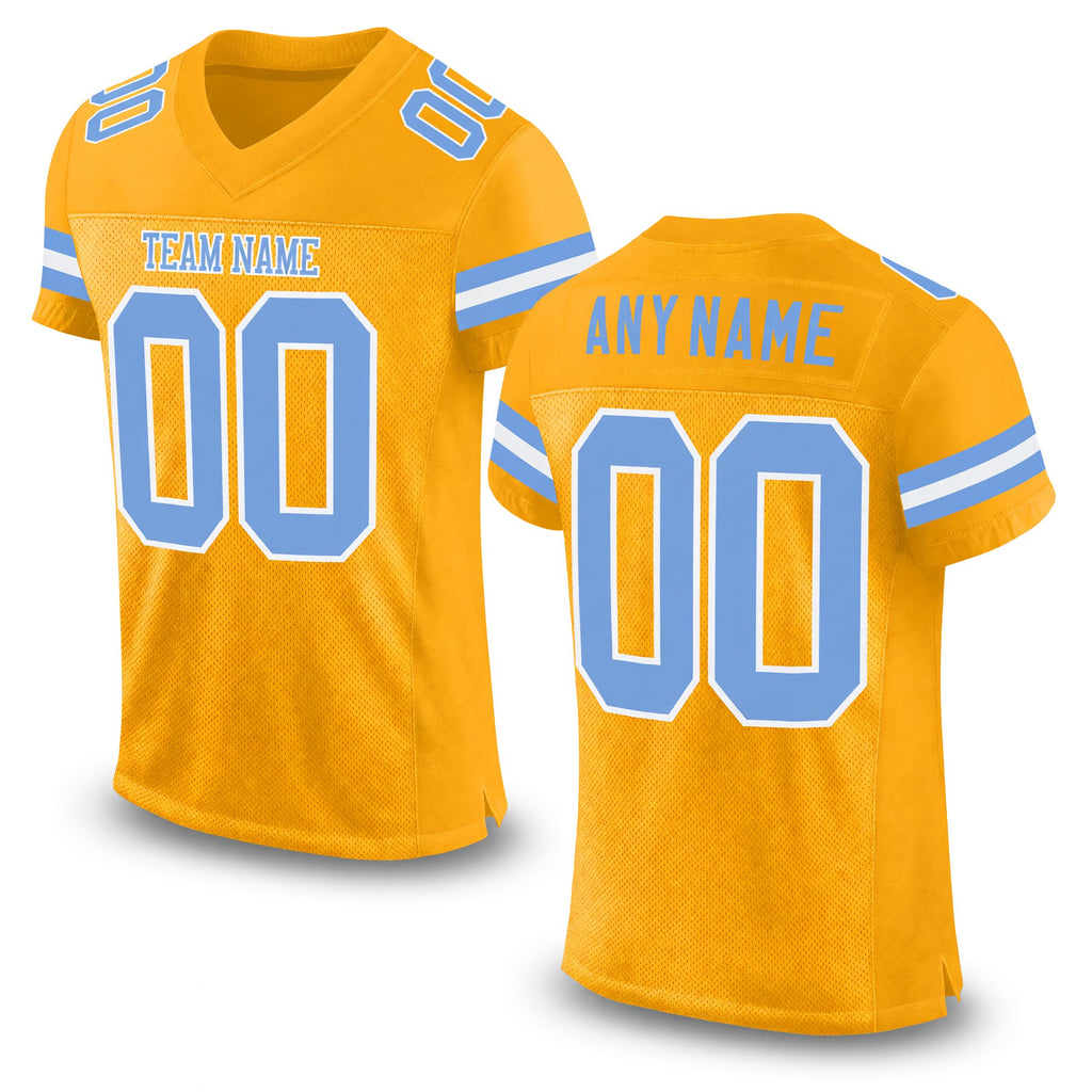 Custom Gold Light Blue-White Mesh Authentic Football Jersey