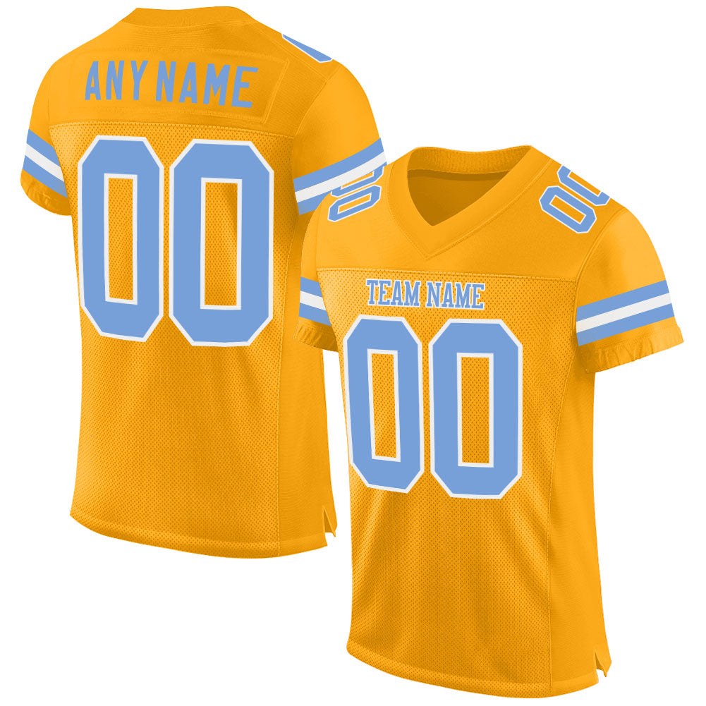 Custom Gold Light Blue-White Mesh Authentic Football Jersey photo 1