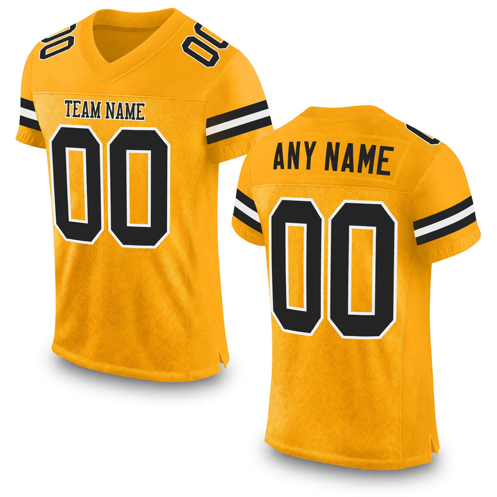 Custom Gold Black-White Mesh Authentic Football Jersey