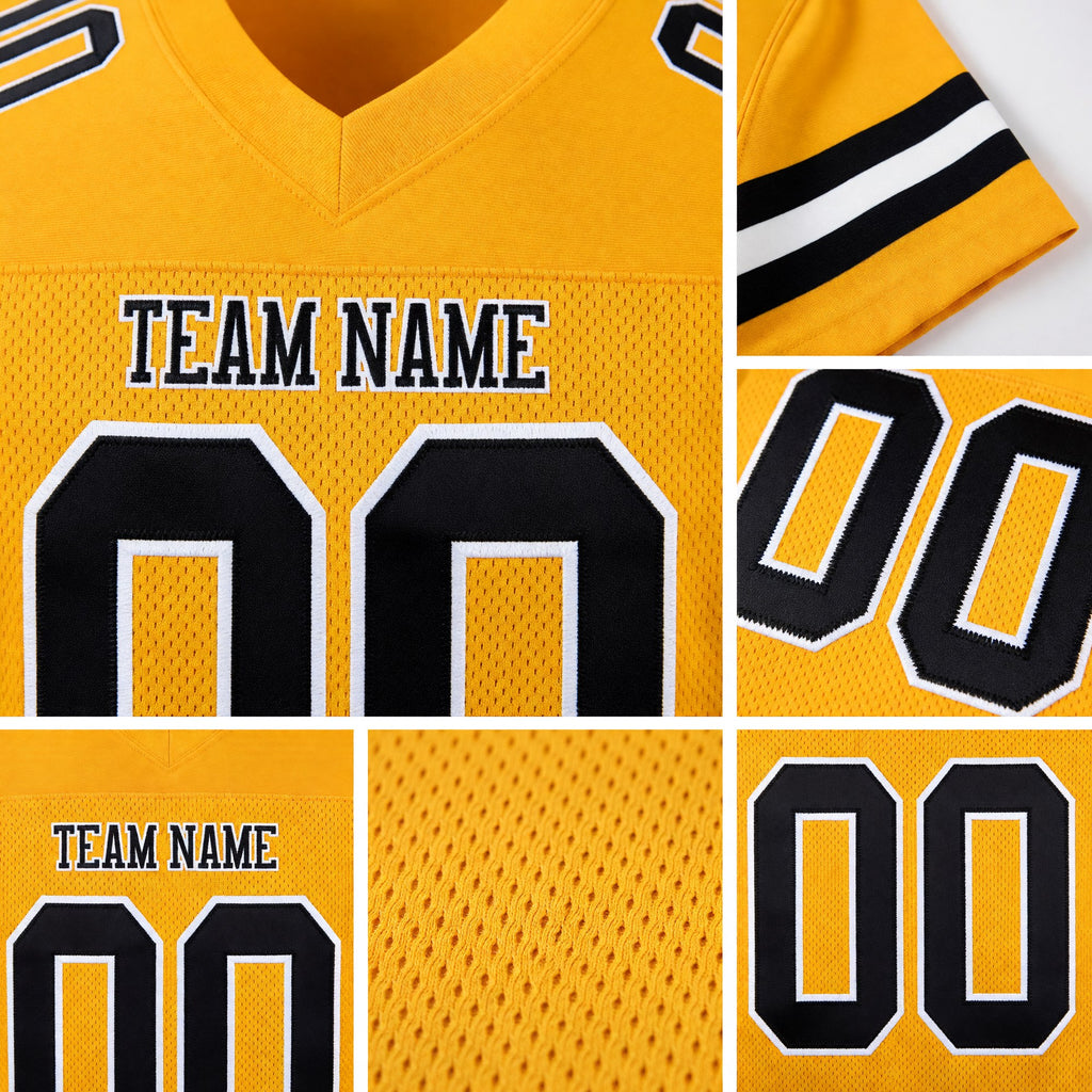 Custom Gold Black-White Mesh Authentic Football Jersey detail