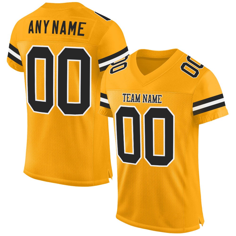 Custom Gold Black-White Mesh Authentic Football Jersey photo 1