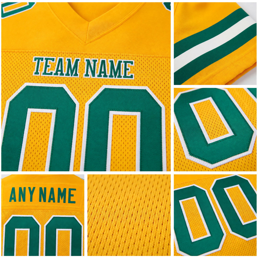 Custom Gold Kelly Green-White Mesh Authentic Football Jersey detail