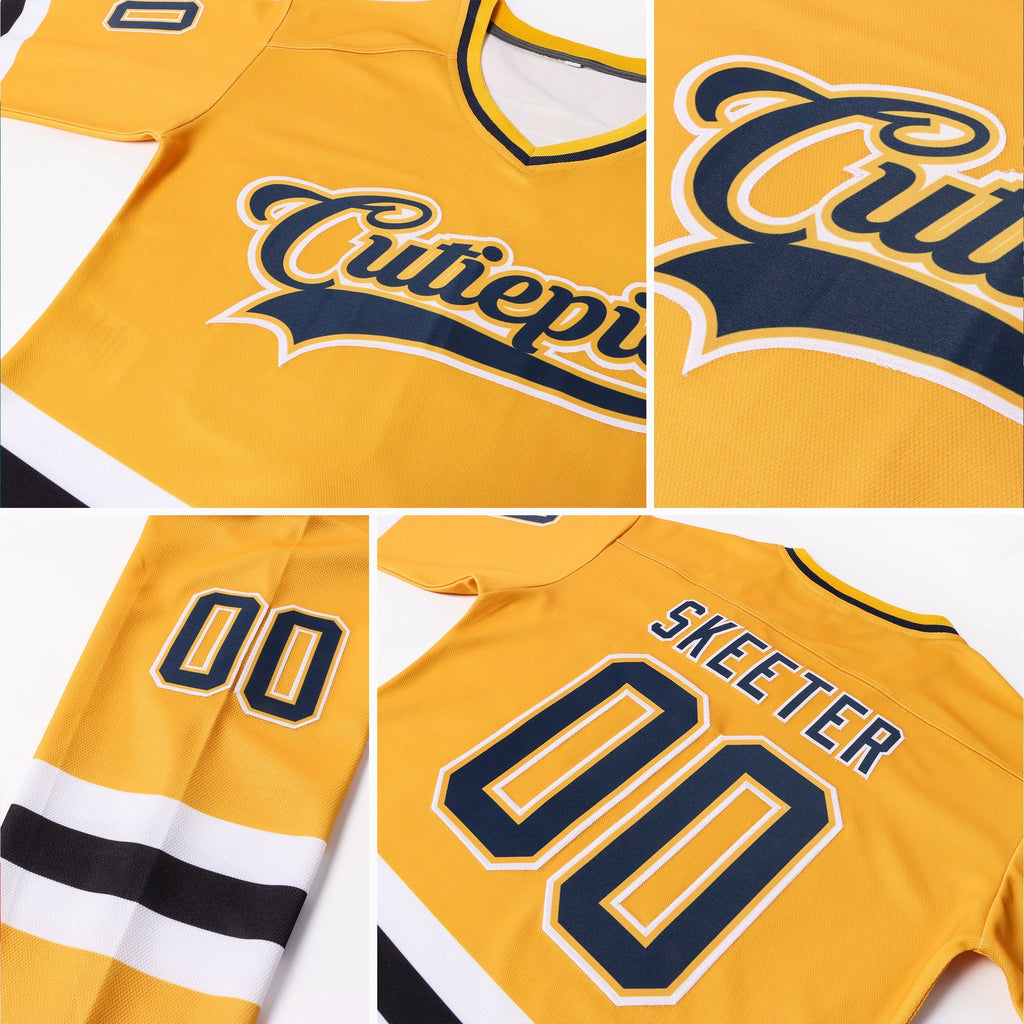 Custom Gold Navy-White Hockey Jersey photo 4