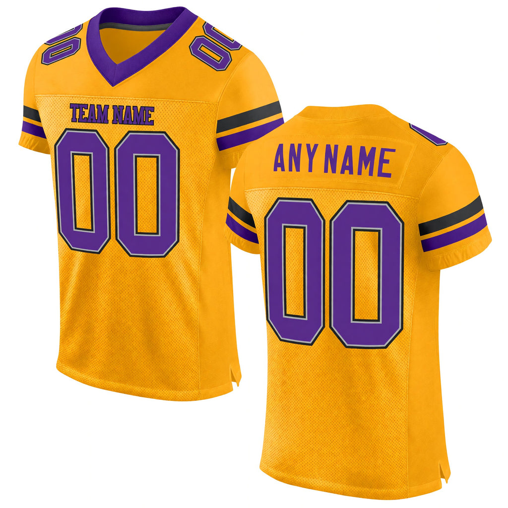 Custom Gold Purple-Black Mesh Authentic Football Jersey