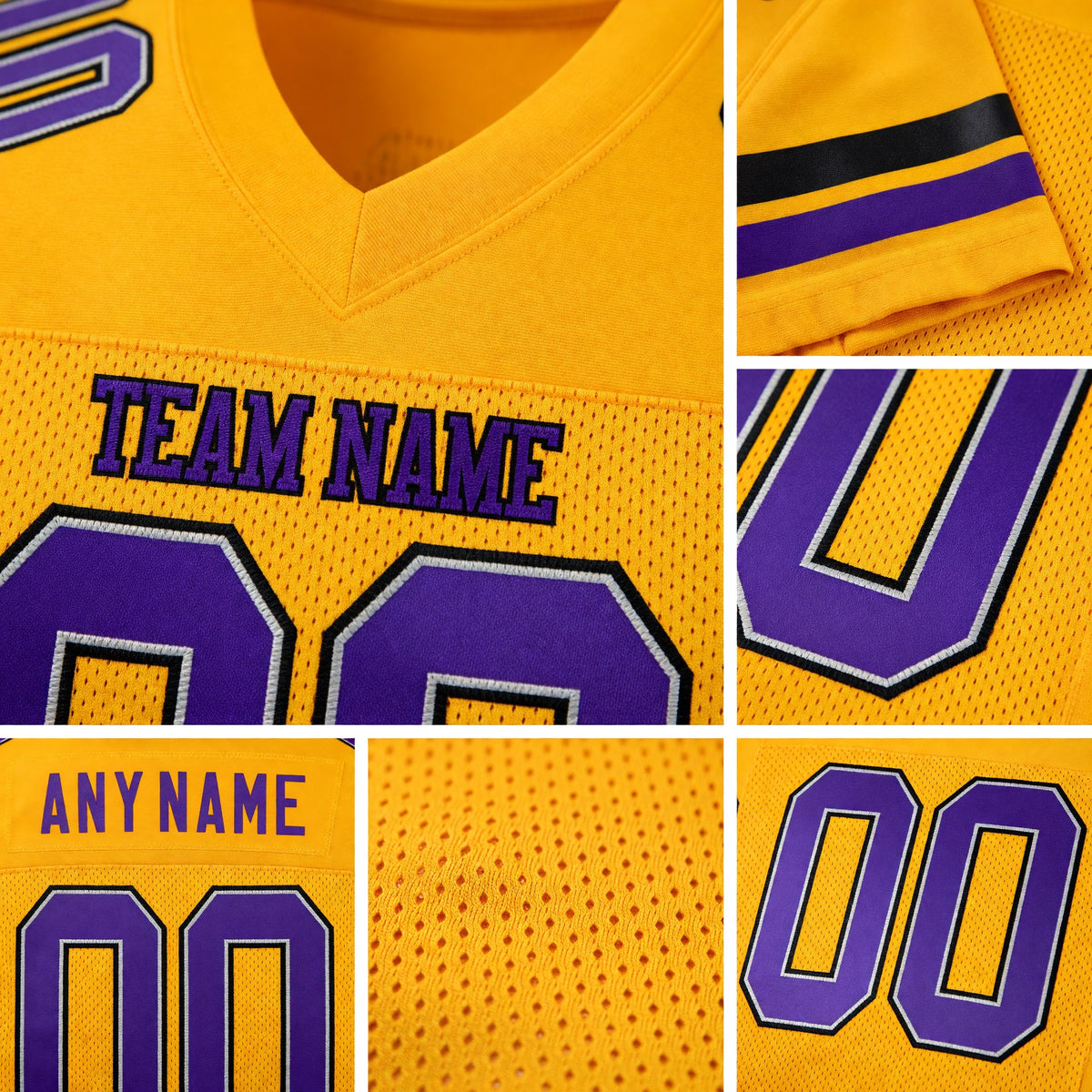 Custom Gold Purple-Black Mesh Authentic Football Jersey detail