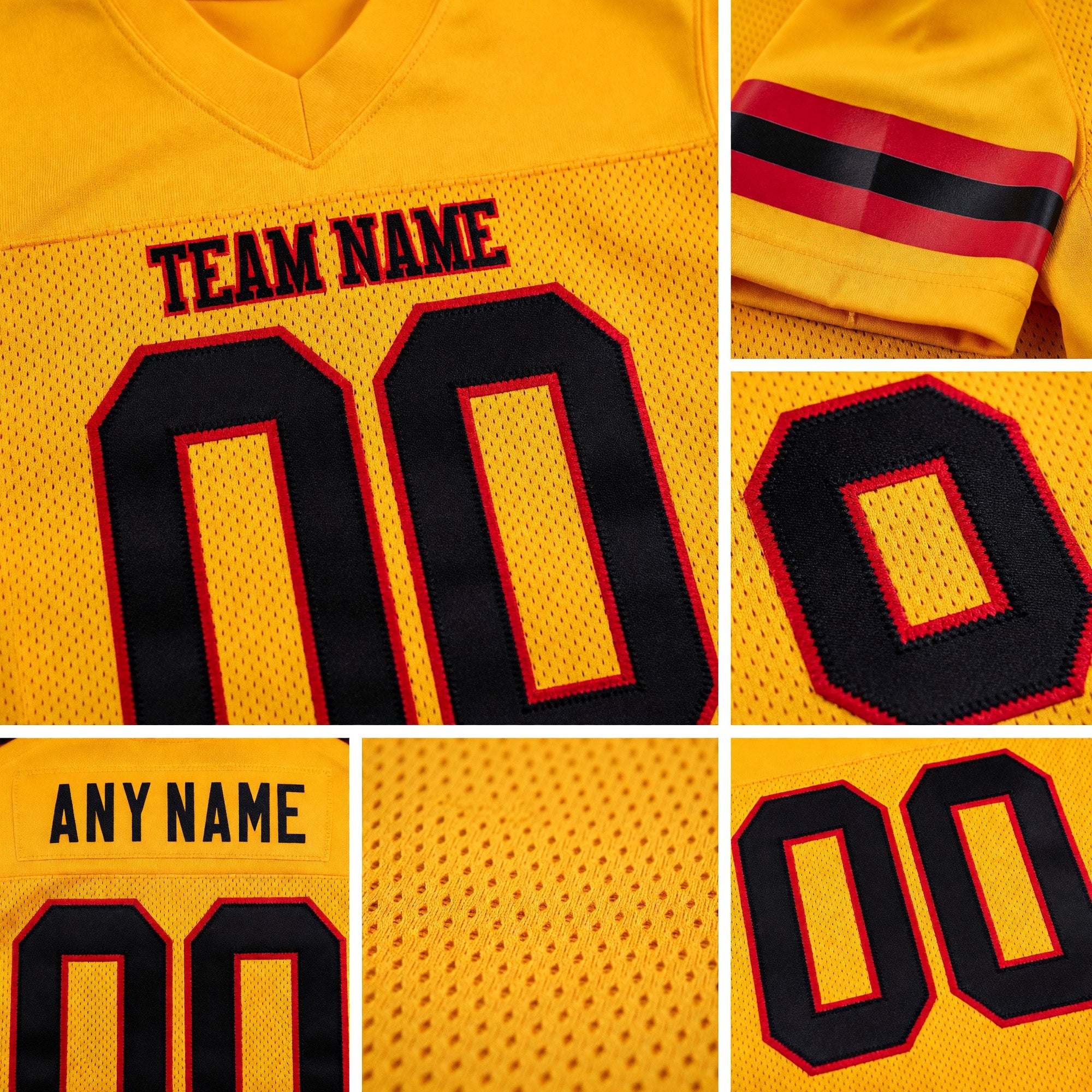 Custom Gold Black-Red Mesh Authentic Football Jersey detail