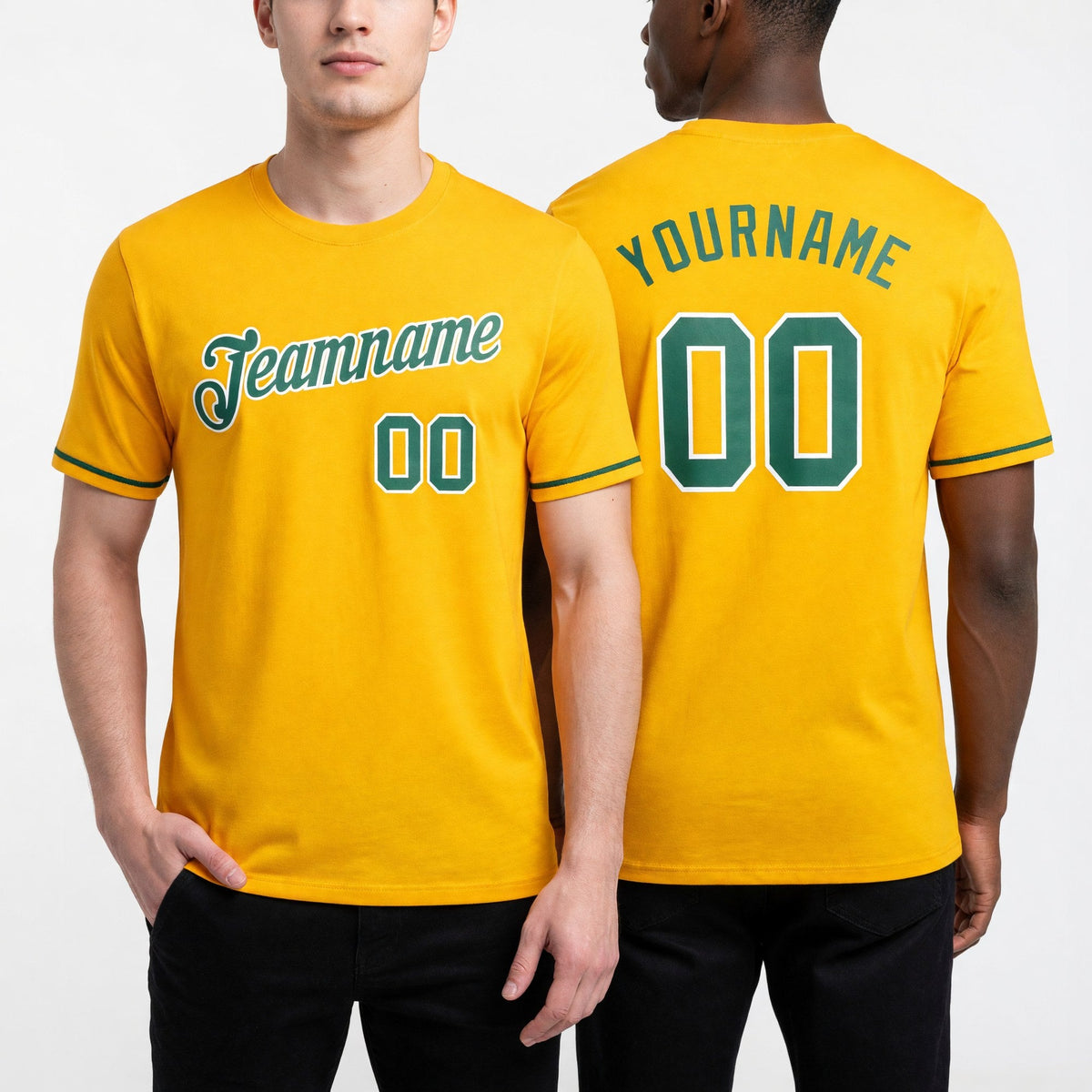 Custom Gold Kelly Green-White Performance T-Shirt worn front and back