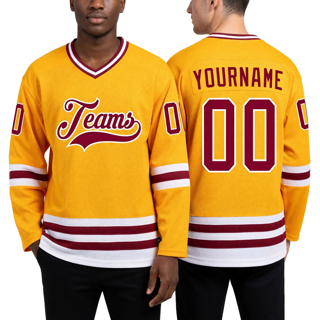 Custom Gold Maroon-White Hockey Jersey worn front and back