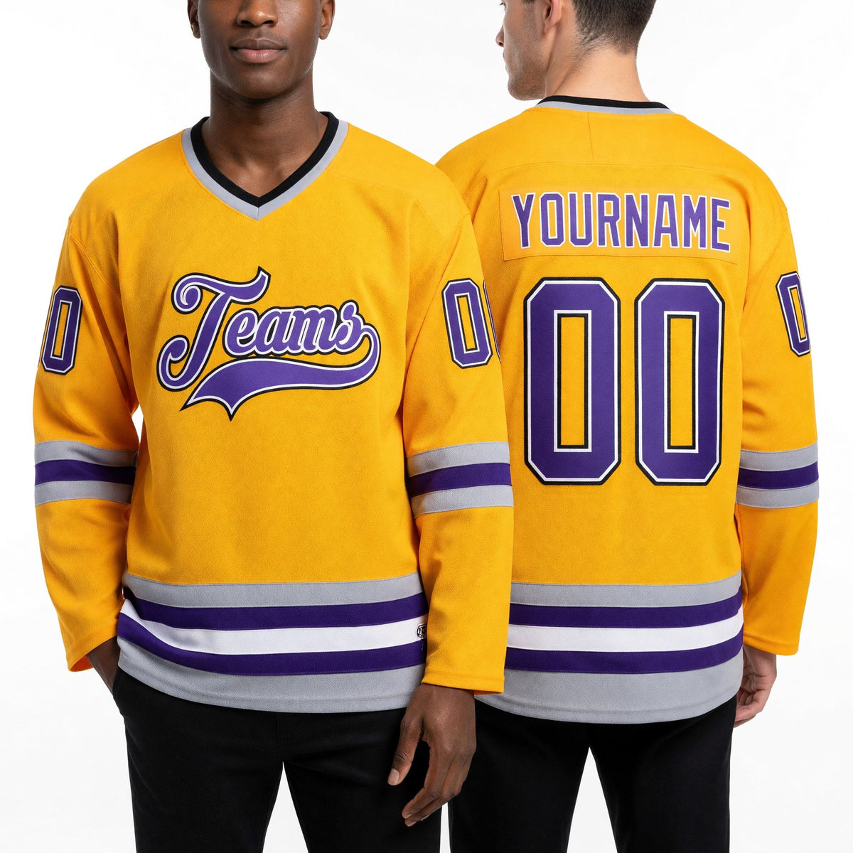 Custom Gold Purple-Gray Hockey Jersey worn front and back