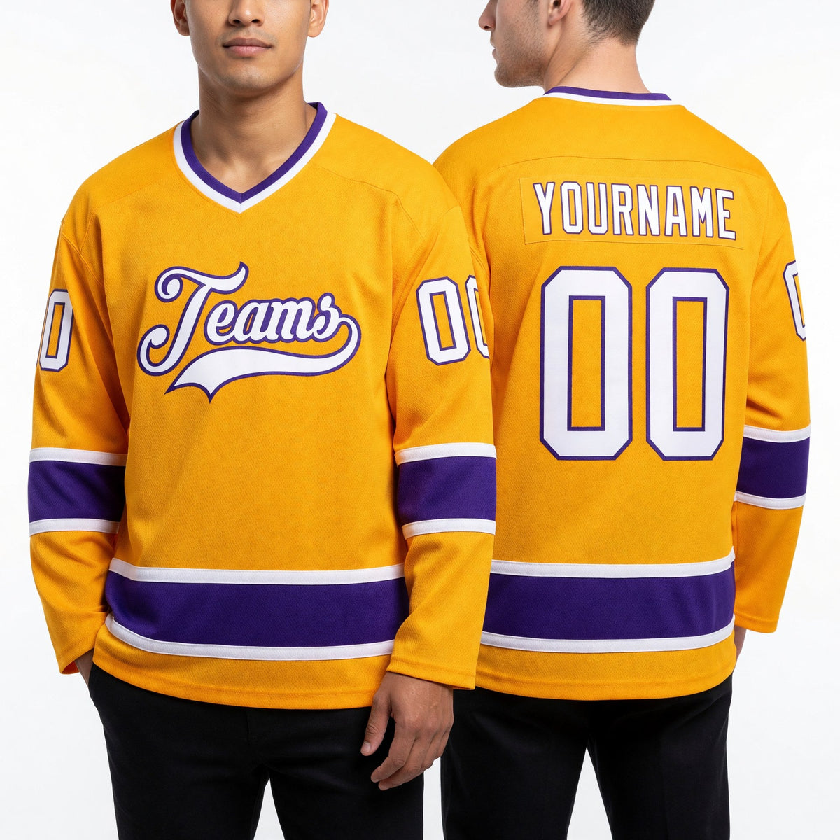 Custom Gold White-Purple Hockey Jersey worn front and back