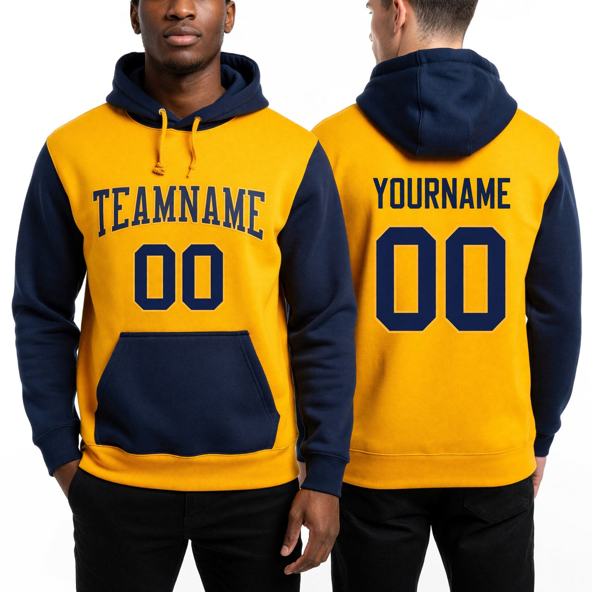 Custom Stitched Gold Gold-Navy Sports Pullover Sweatshirt Hoodie worn front and back