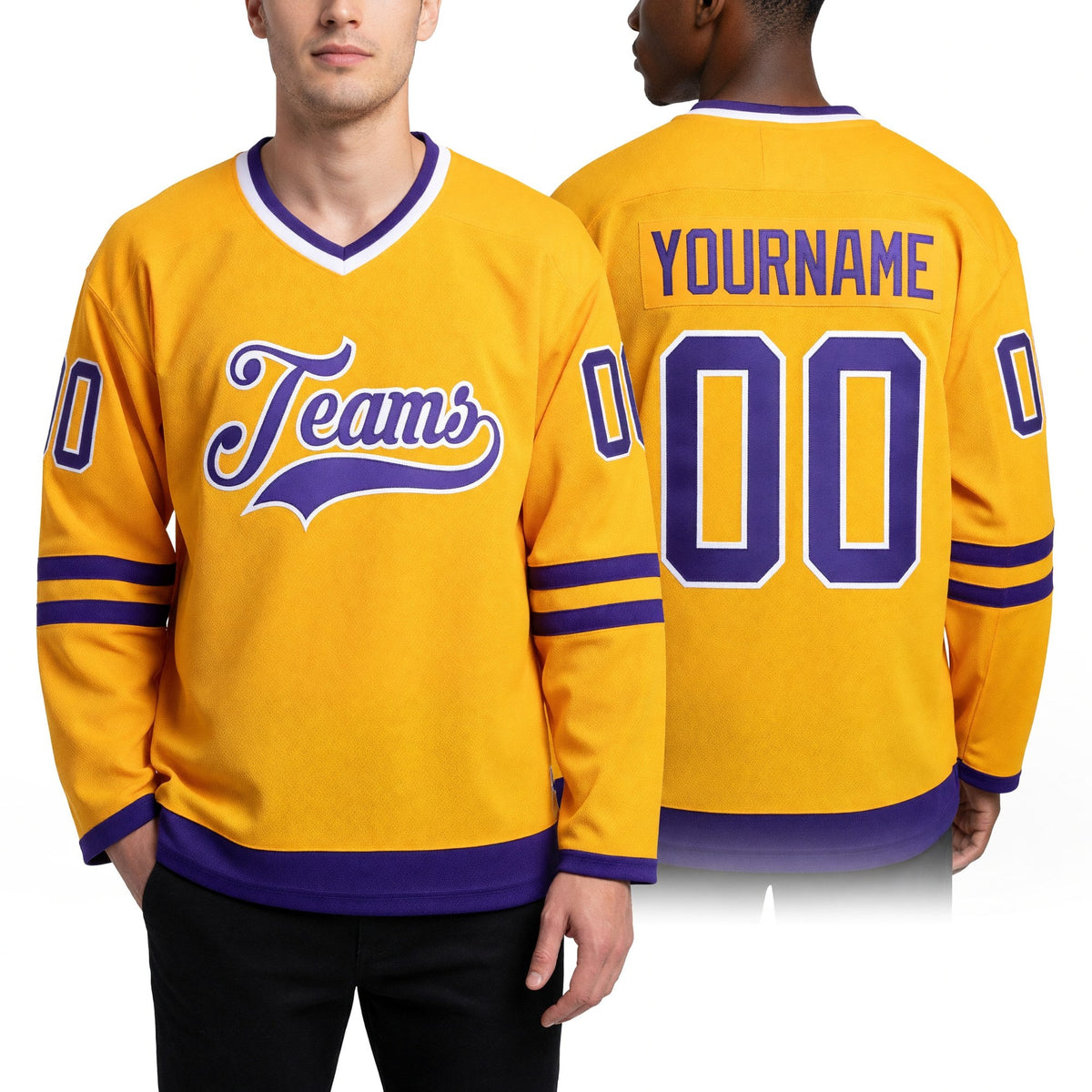 Custom Gold Purple-White Hockey Jersey worn front and back