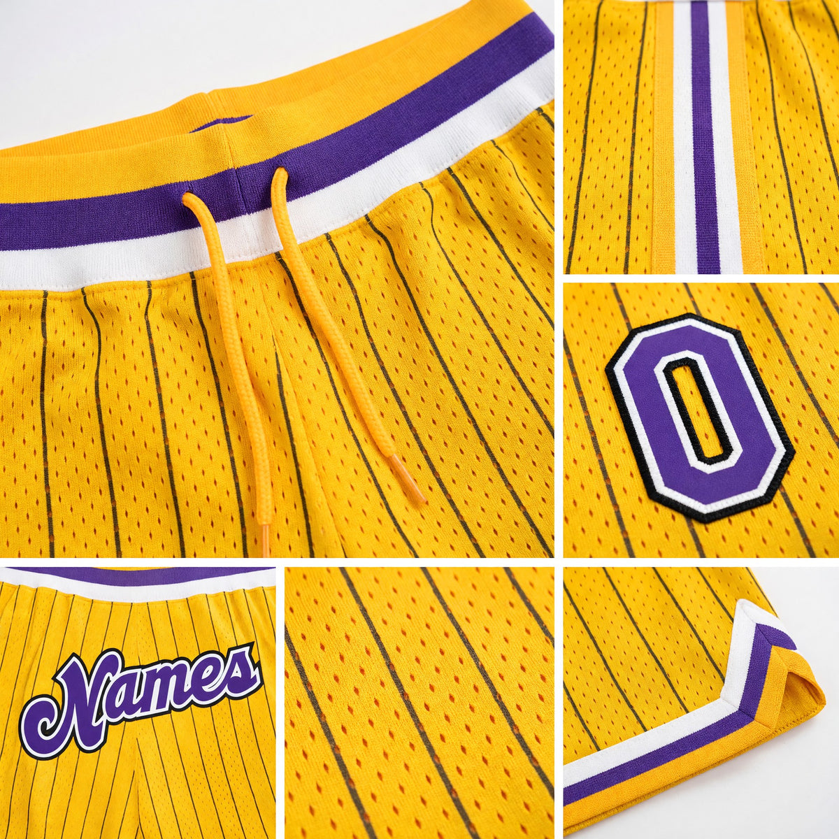 Custom Gold Black Pinstripe Purple-White Authentic Basketball Shorts detail