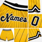 Custom Gold Black Pinstripe Black-White Authentic Basketball Shorts detail