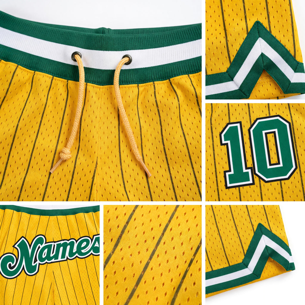 Custom Gold Black Pinstripe Kelly Green-White Authentic Basketball Shorts detail