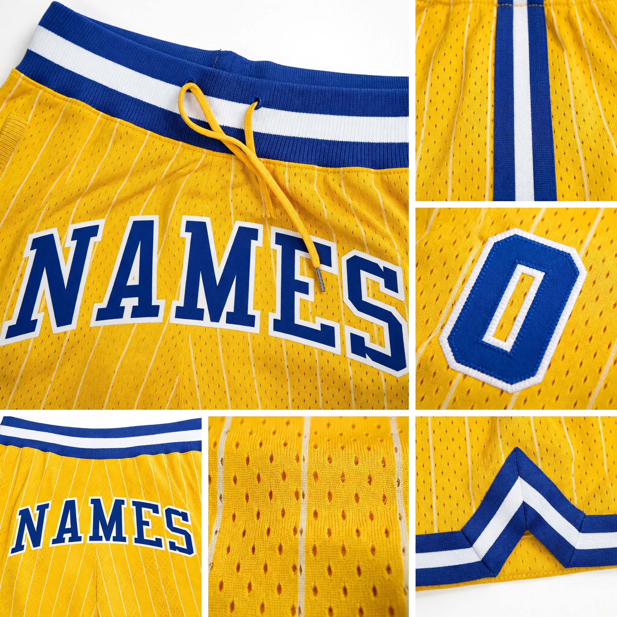 Custom Gold White Pinstripe Royal-White Authentic Basketball Shorts detail