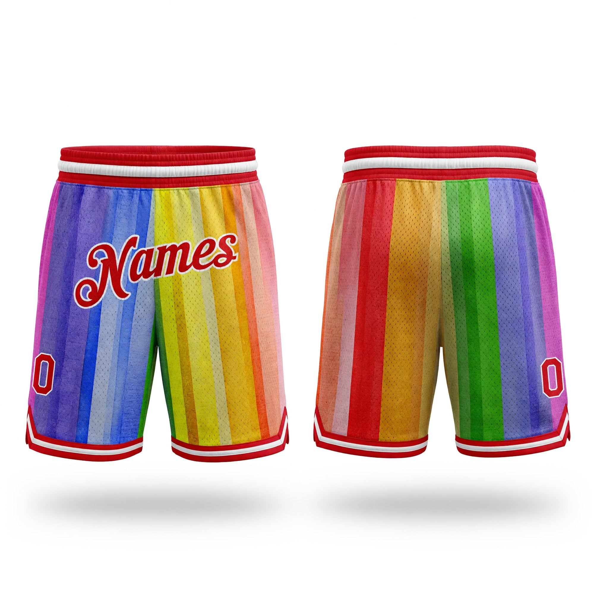 Custom Gold Red-White 3D Pattern Design Rainbow Authentic Basketball Shorts