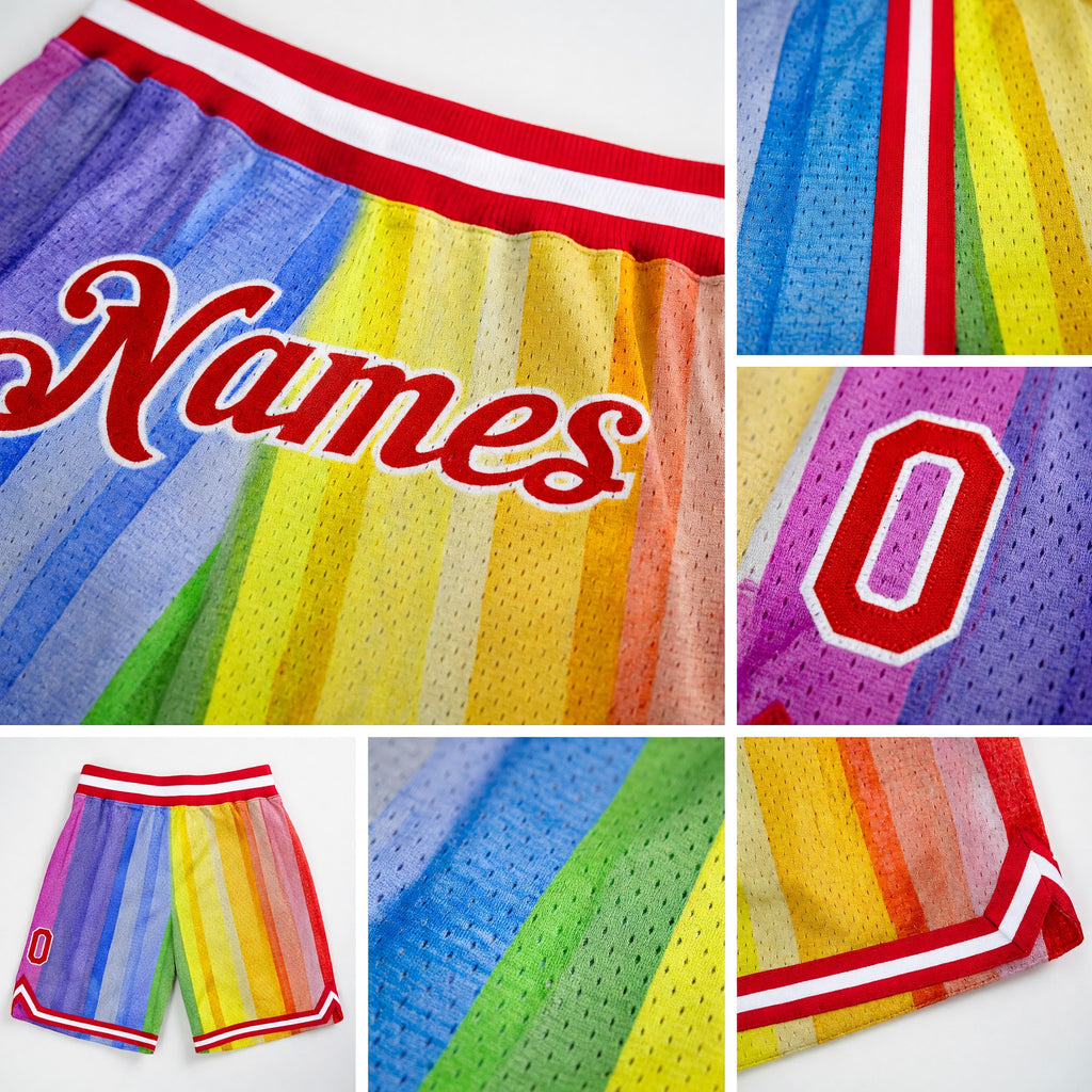 Custom Gold Red-White 3D Pattern Design Rainbow Authentic Basketball Shorts detail