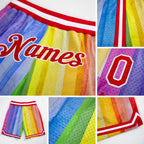 Custom Gold Red-White 3D Pattern Design Rainbow Authentic Basketball Shorts detail