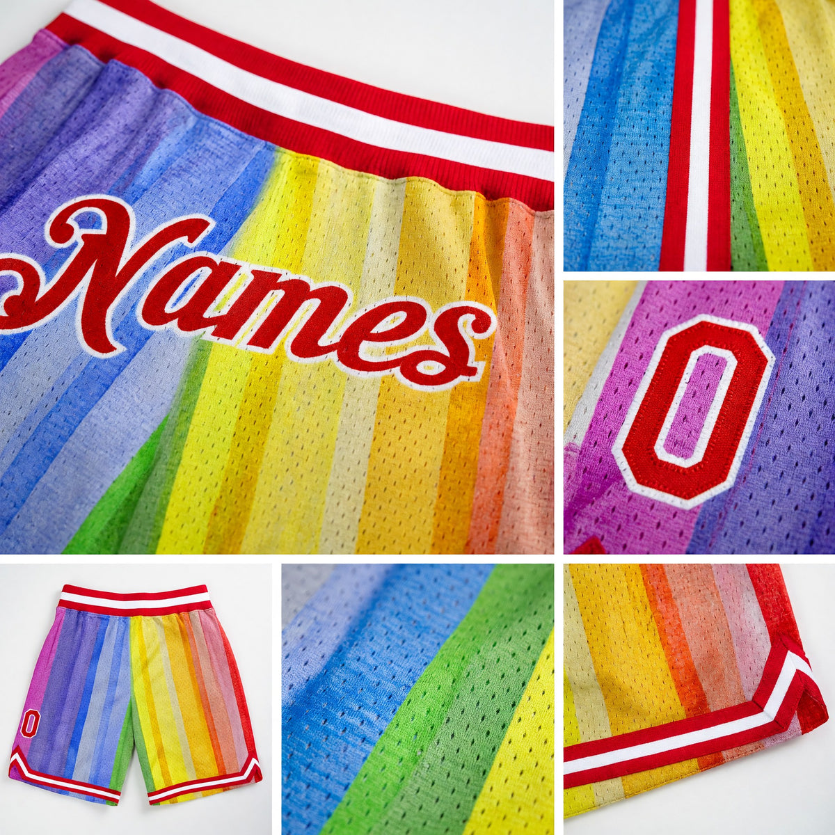 Custom Gold Red-White 3D Pattern Design Rainbow Authentic Basketball Shorts detail