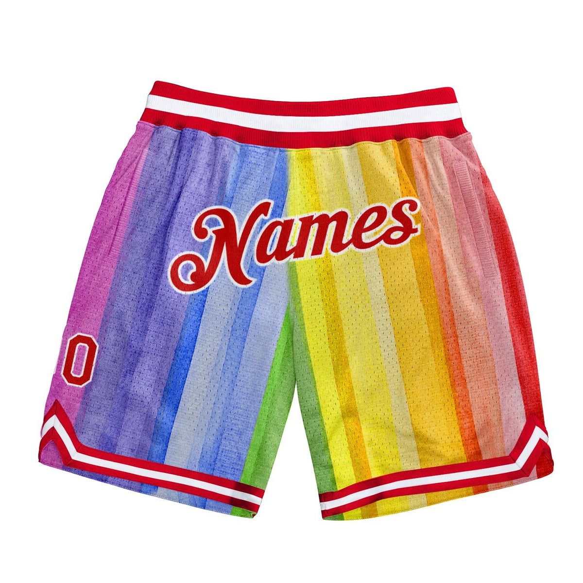 Custom Gold Red-White 3D Pattern Design Rainbow Authentic Basketball Shorts photo 1